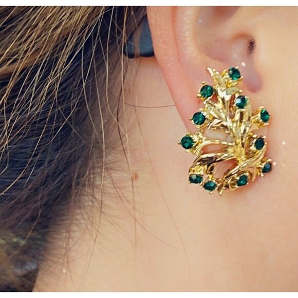 Vintage Coro Emerald Gold Tone Clipon Earrings Formal Evening Leaf MCM Mod - Picture 4 of 12